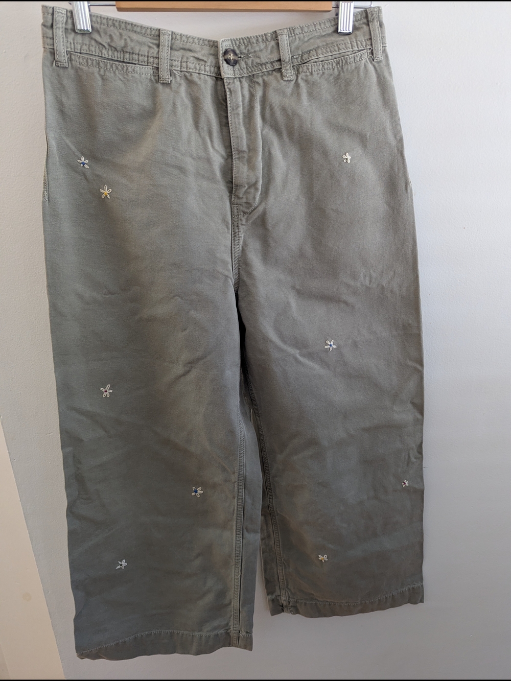 cropped We The Free Straight Leg Jeans in Olive Green with Embroidered Flowers